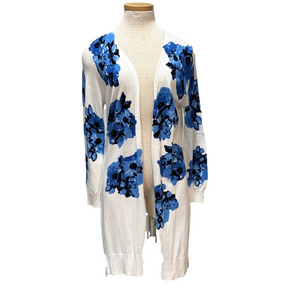Hannah sz XL white long length open front cardigan with blue floral design NWT